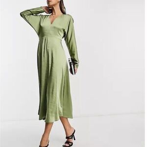 ASOS Olive Green Midi Dress with V-Neck